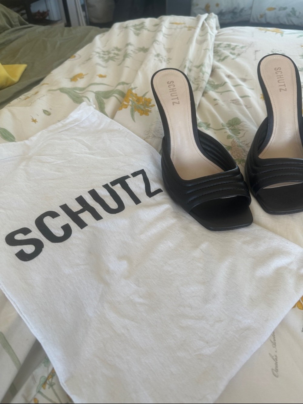 SCHUTZ Black Leather Square-Toe Slide Mules